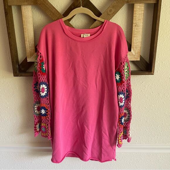 Umgee Pink Dress with Colorful Crochet Sleeves Terry Cloth Dress - Picture 2 of 7